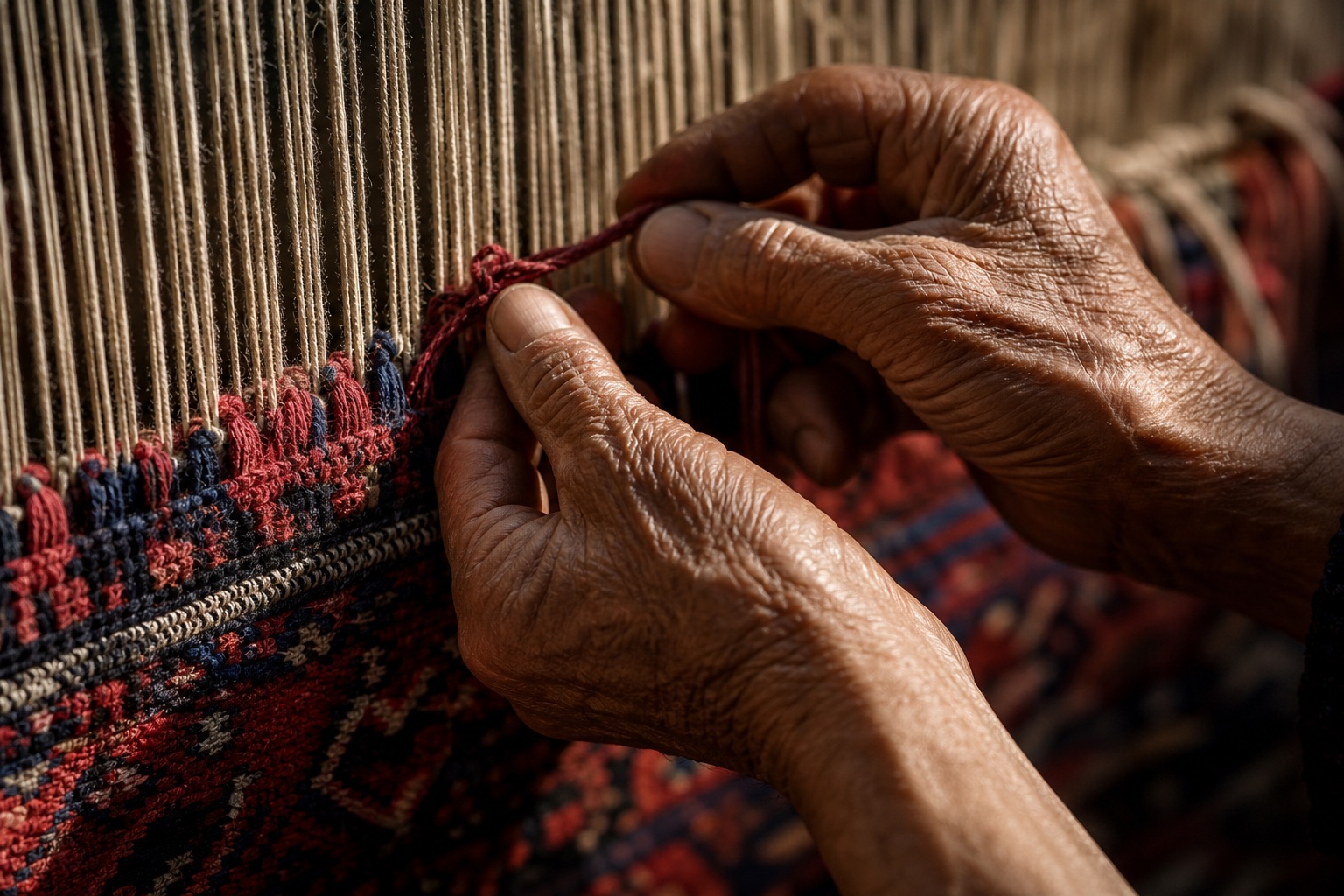 Weathered hands tying a wool knot on a traditional rug loom