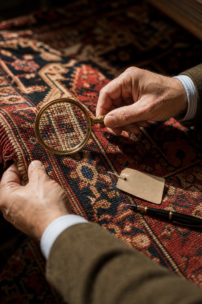 A brass loupe held over the knots of a fine antique rug