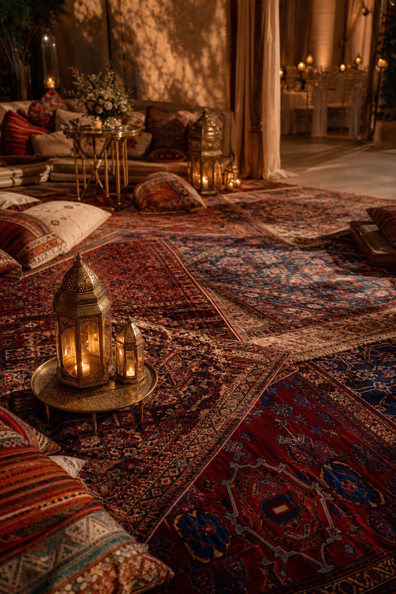 Candlelit event lounge layered with antique Persian rugs