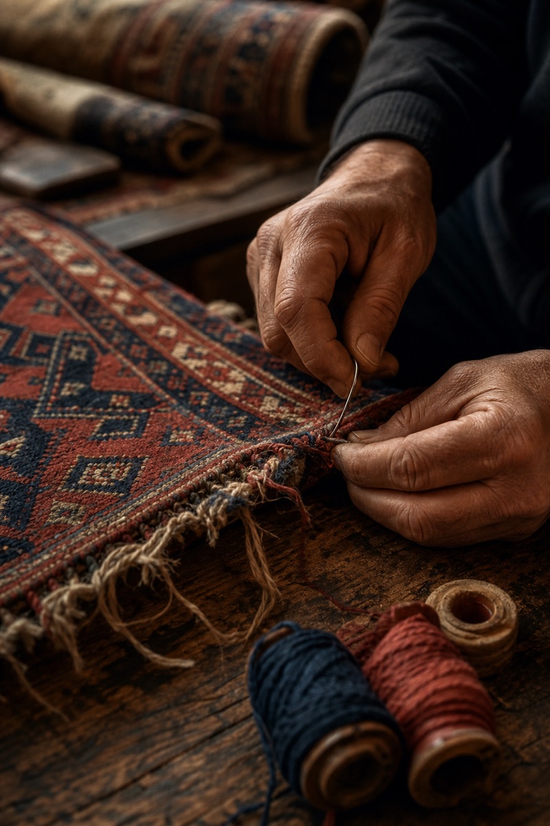 Artisan's hands reweaving the edge of an antique tribal rug