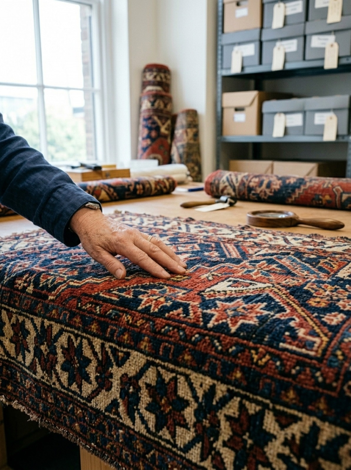 Hands smoothing the pile of an antique carpet across a workbench