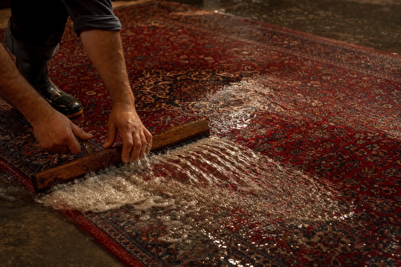 Clean water sheeting across a hand-woven Persian rug during a traditional handwash